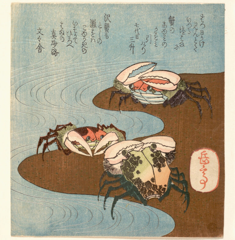 Crabs Near the Water's Edge - a woodblock print by Yashima Gakutei, 1830