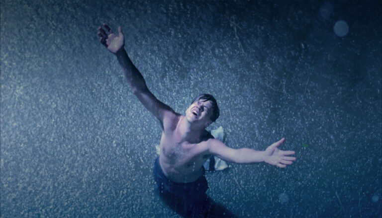 Image of Andy from The Shawshank Redemption newly free standing in the rain